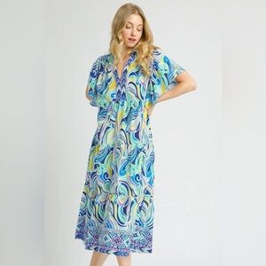 Umgee Printed Short Sleeve Tiered Midi Dress
